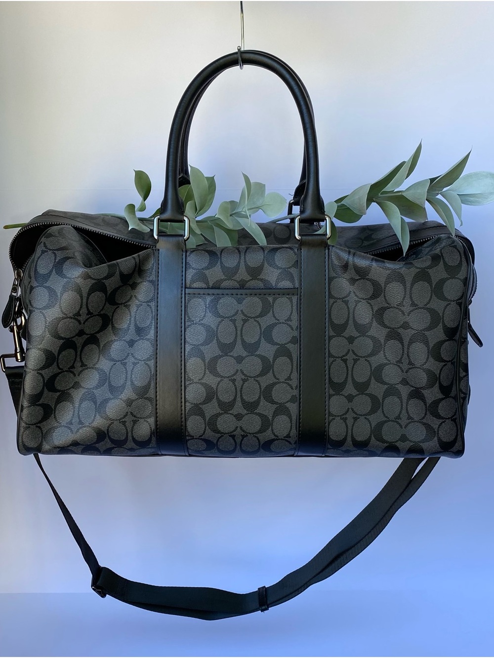 Coach Men's Signature Black Gray Medium Leather-Trim Duffel Travel Bag